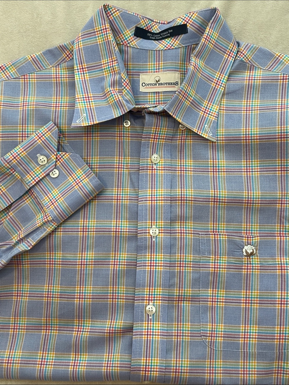Cotton Brothers Shirt Mens L Large Blue Plaid Wrinkle Free Cotton Button Up L/S
